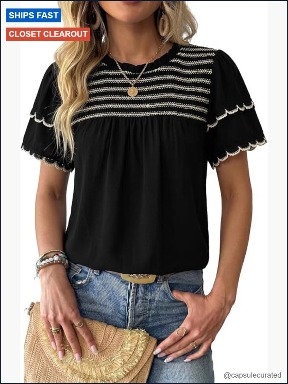 Crewneck Ruffle Short Sleeve Pleated Boho Blouse Flowy Tunic
